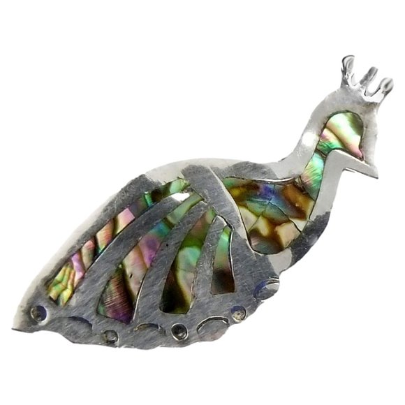 Vintage Jewelry - Sterling Silver and Abalone Peacock Pin